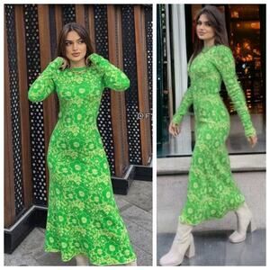 Zara Floral Print Green Jacquard Knit Sweater Midi Dress Size S